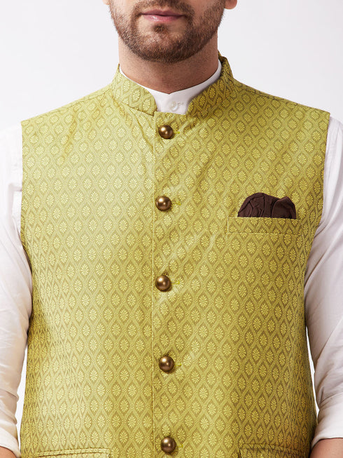 Vastramay Men's Yellow Jacquard Nehru Jacket